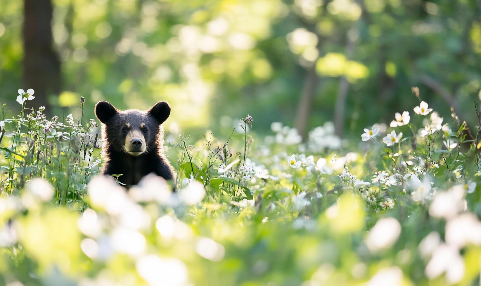 A black bear cub in a field of white flowers photo