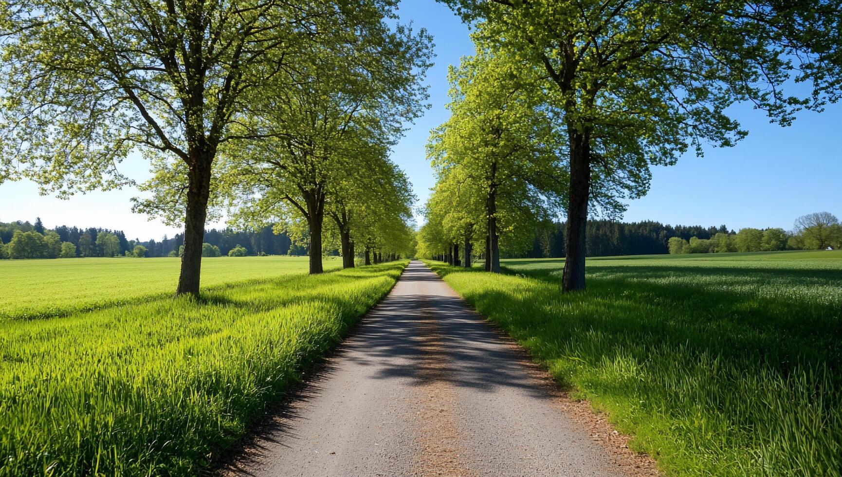 A road is lined with trees and grass photo