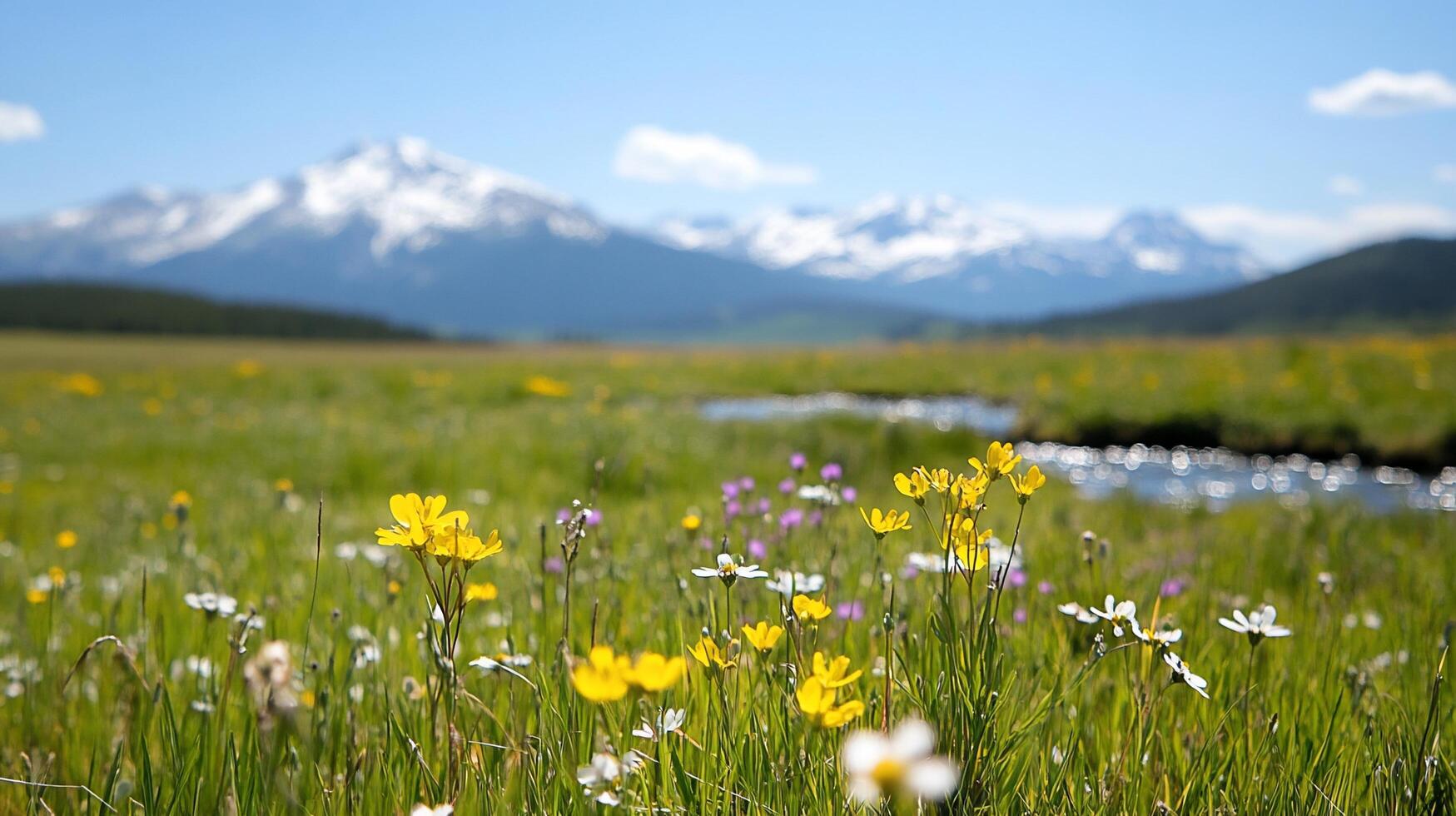 Wildflowers in the meadow with mountains in the background photo