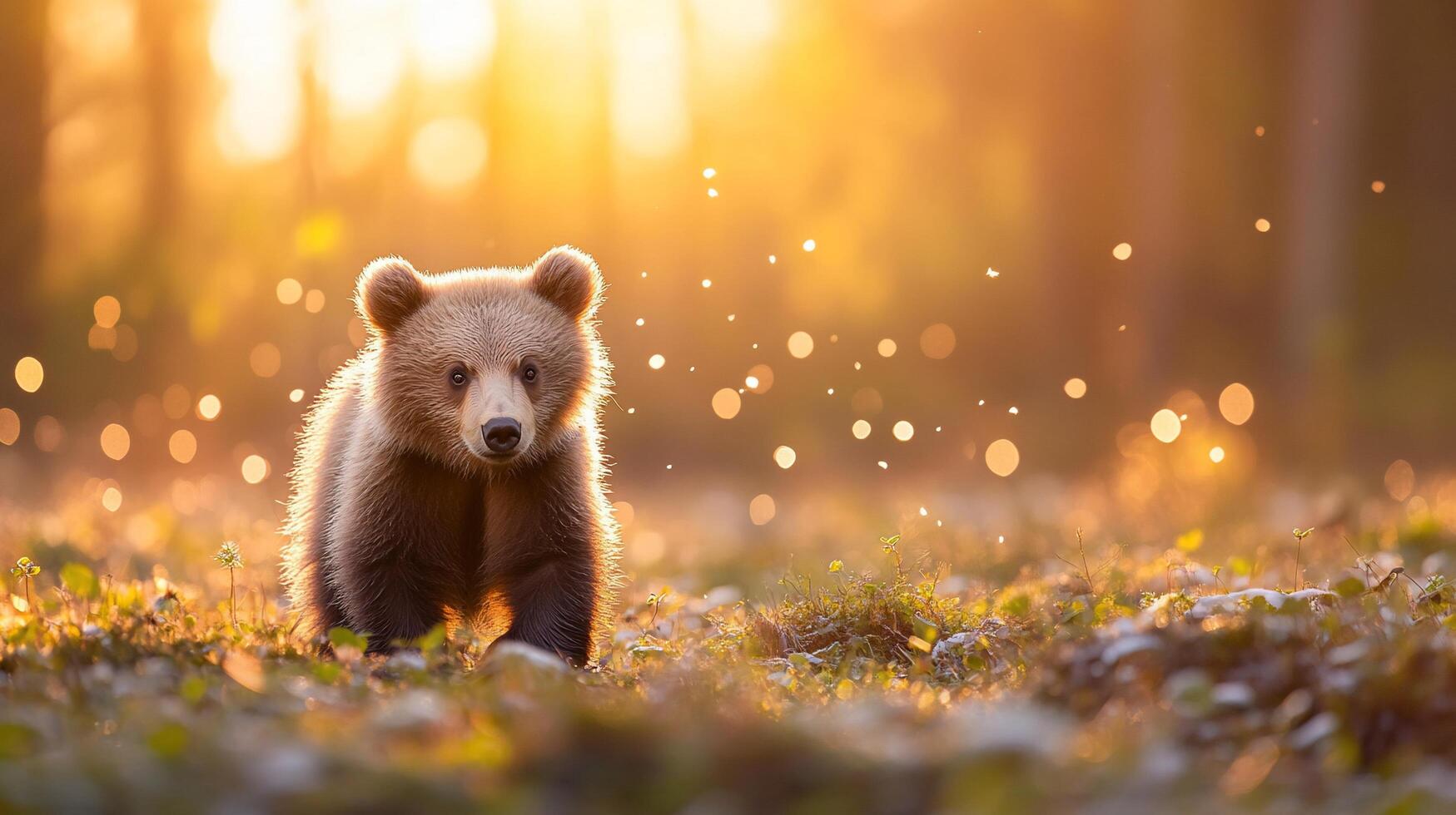 A bear cub walking through a forest at sunset photo