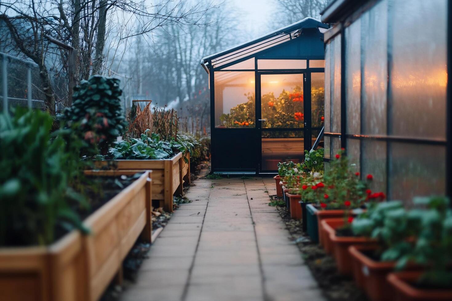 A walkway leads to a greenhouse with plants in pots photo
