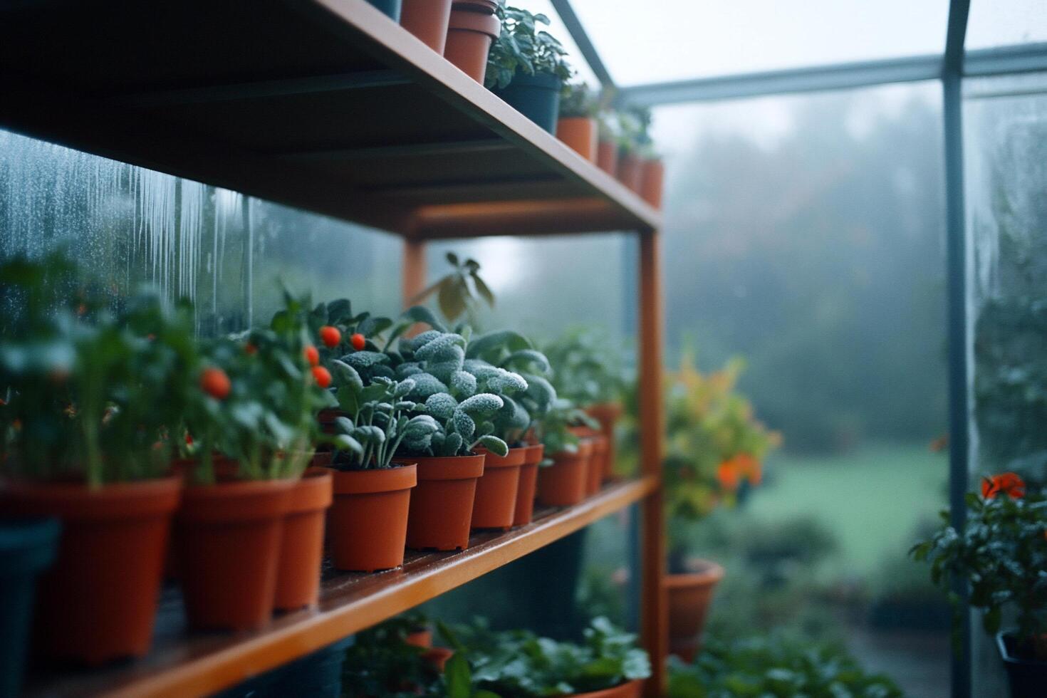 A shelf with potted plants in a greenhouse photo