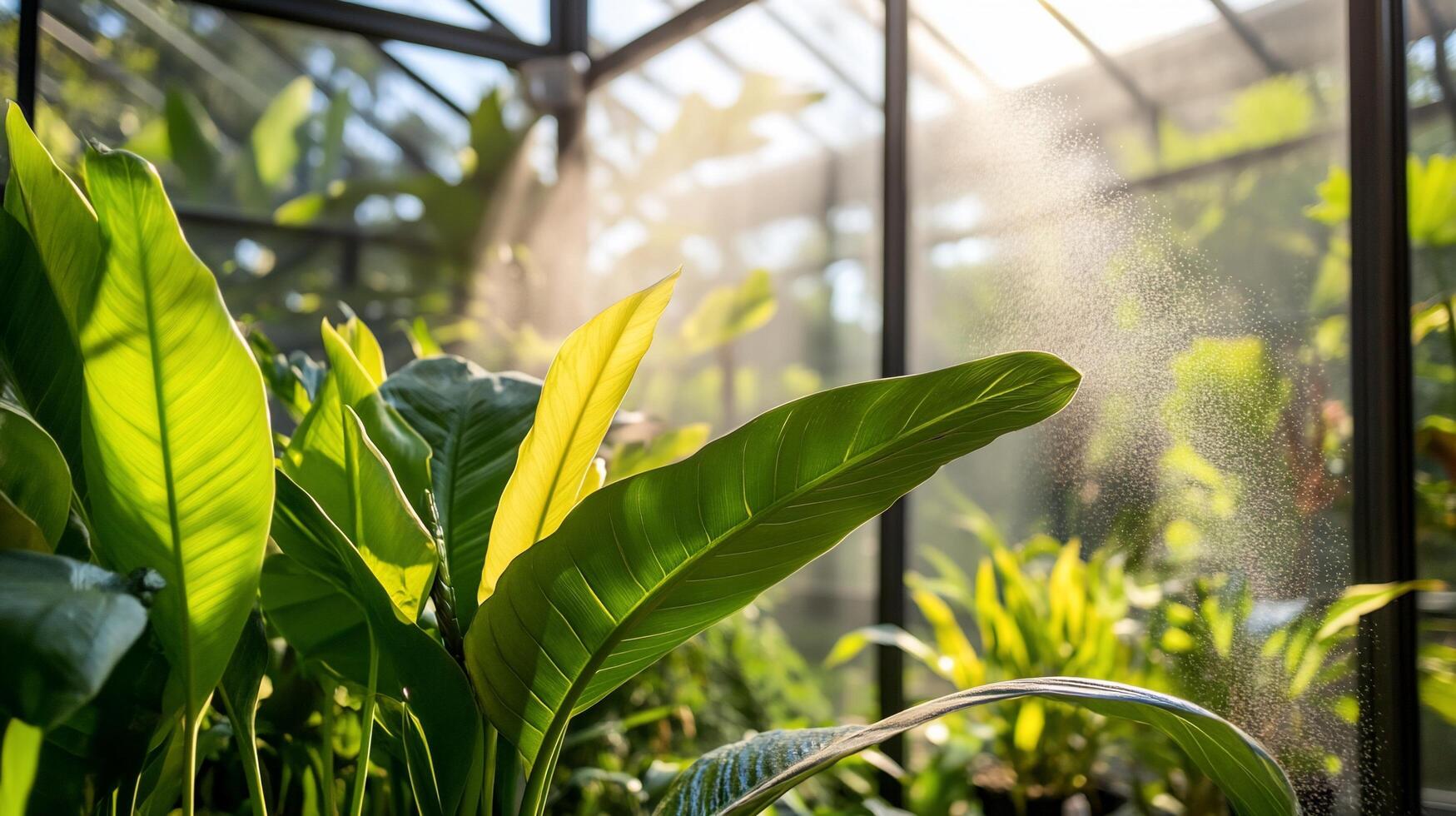 A view of a greenhouse with plants and sunlight photo