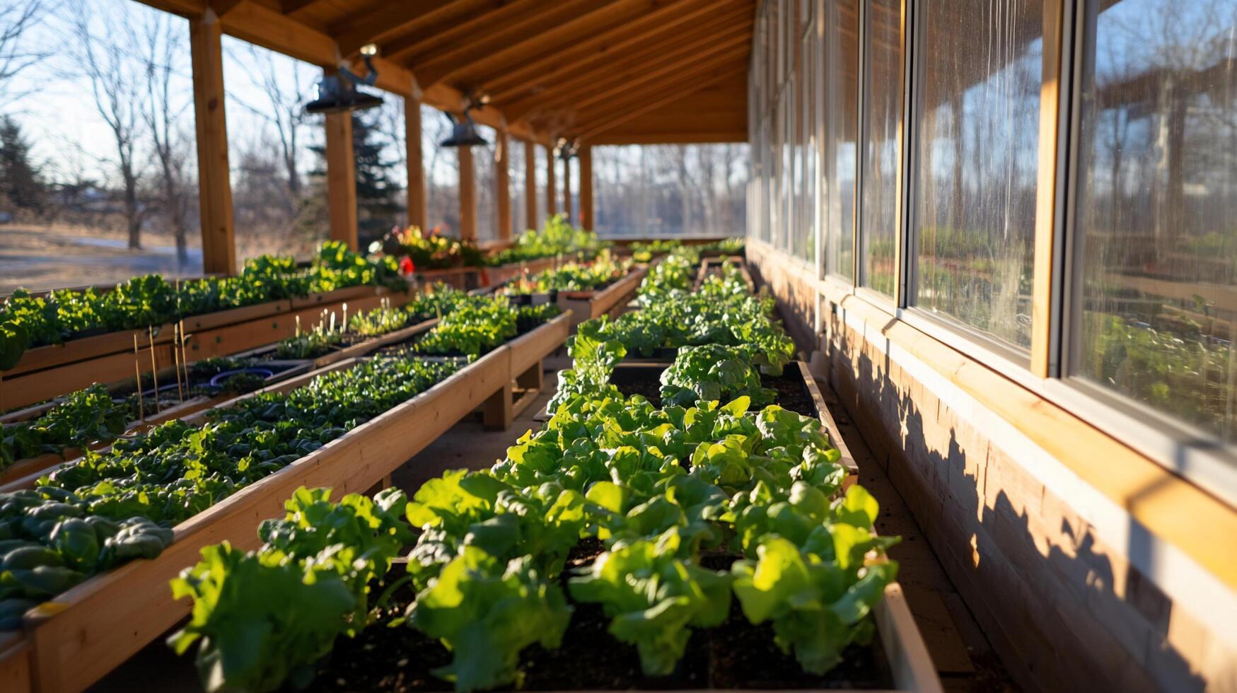 A row of vegetables in wooden planters on a porch photo