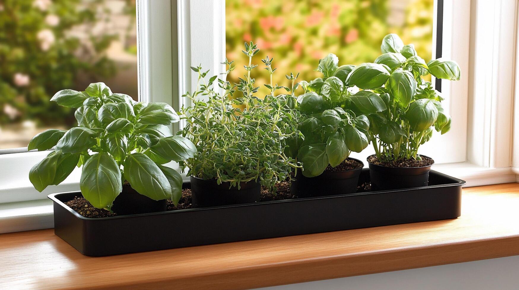 A window sill with three potted herbs photo