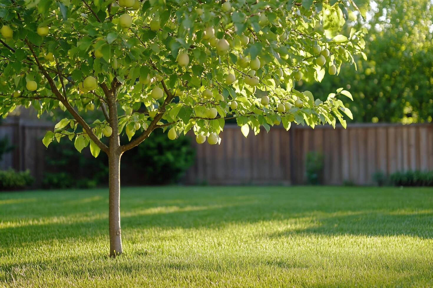 A tree in a backyard with green grass and a fence photo