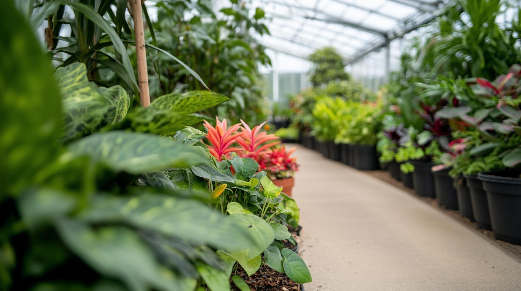 A walkway in a greenhouse with lots of plants photo