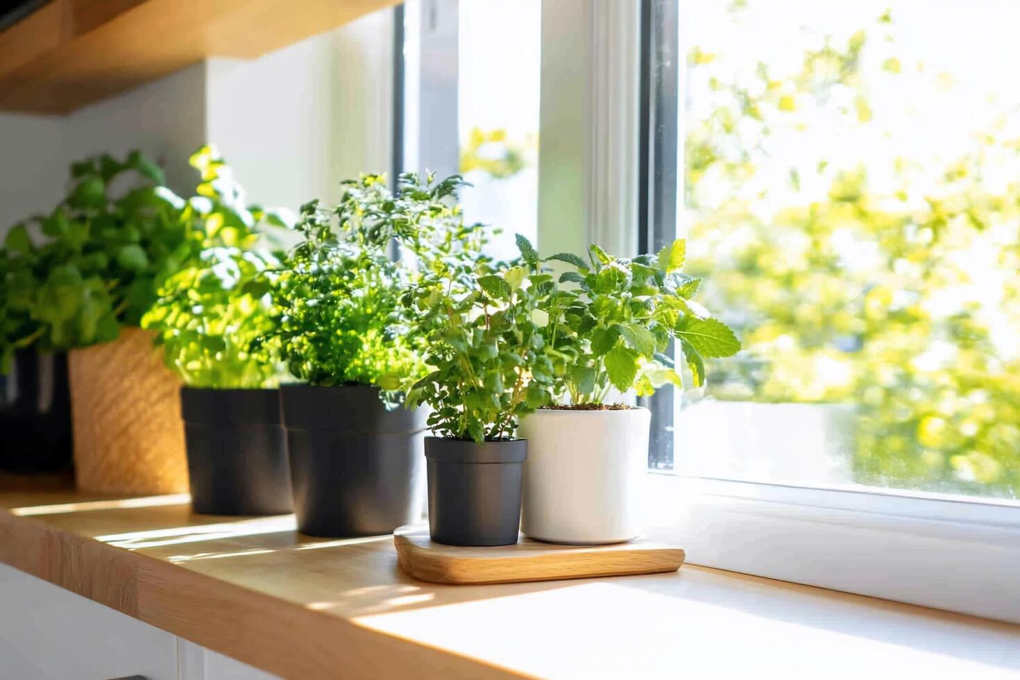 Herbs in pots on a window sill photo