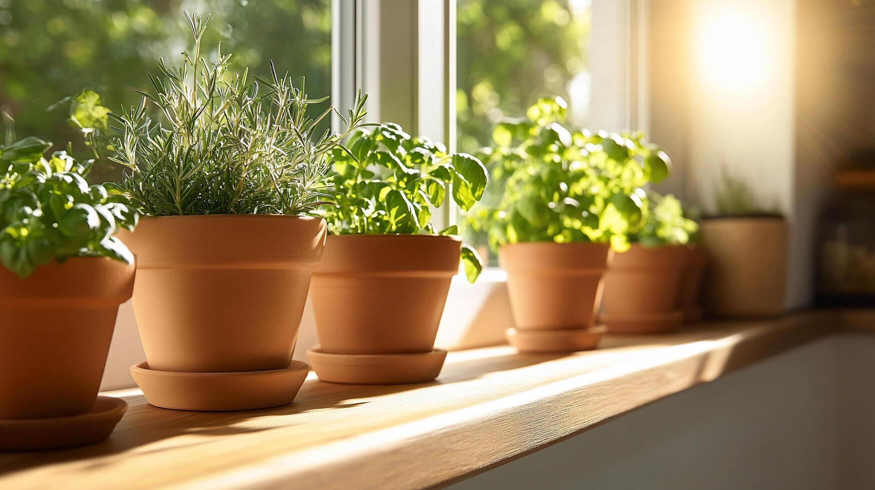 Several pots of herbs are lined up on a window sill photo