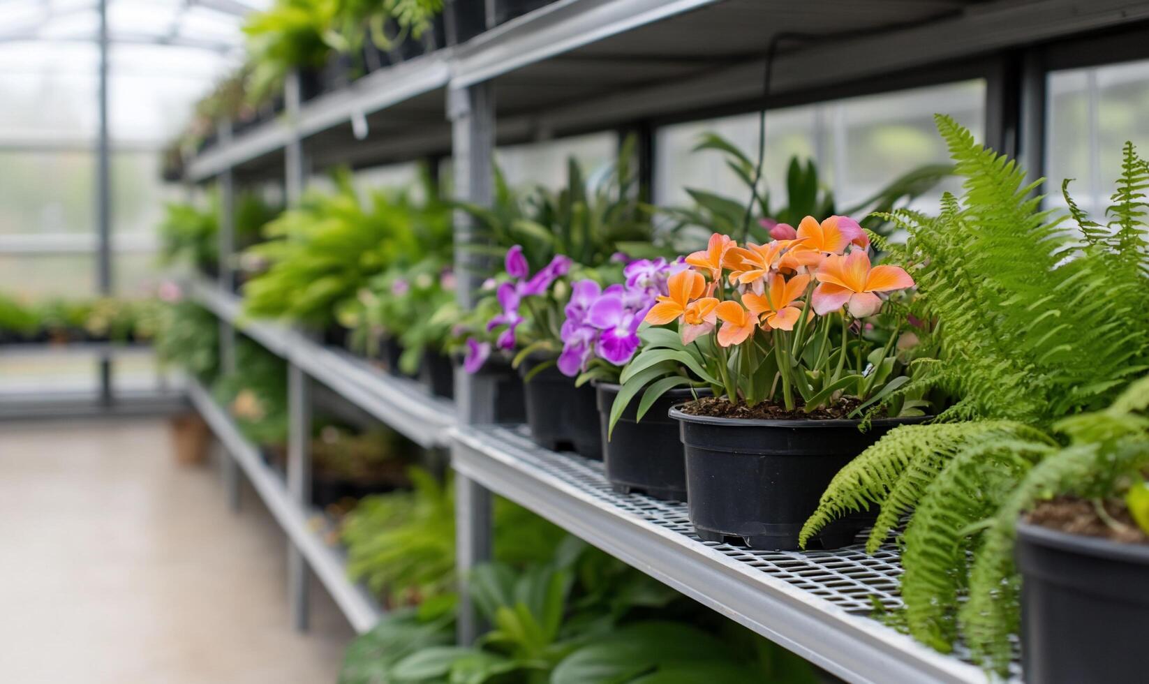 A row of potted plants in a greenhouse photo