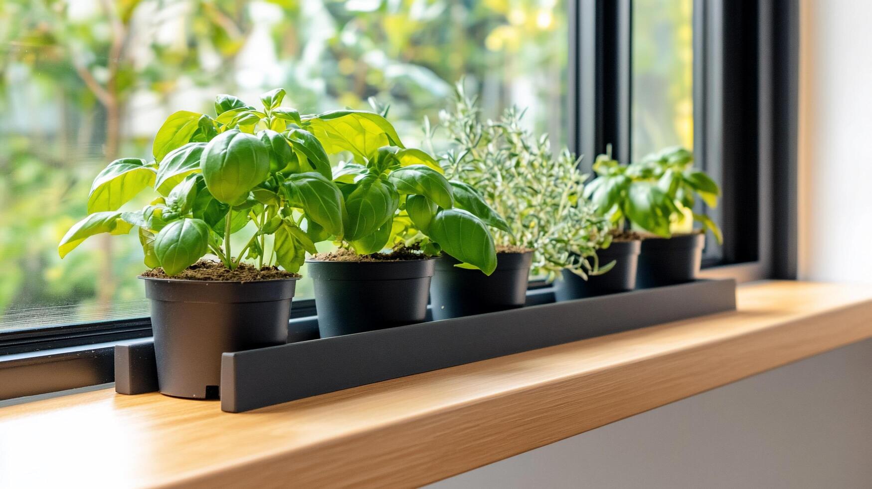 A window sill with potted herbs photo