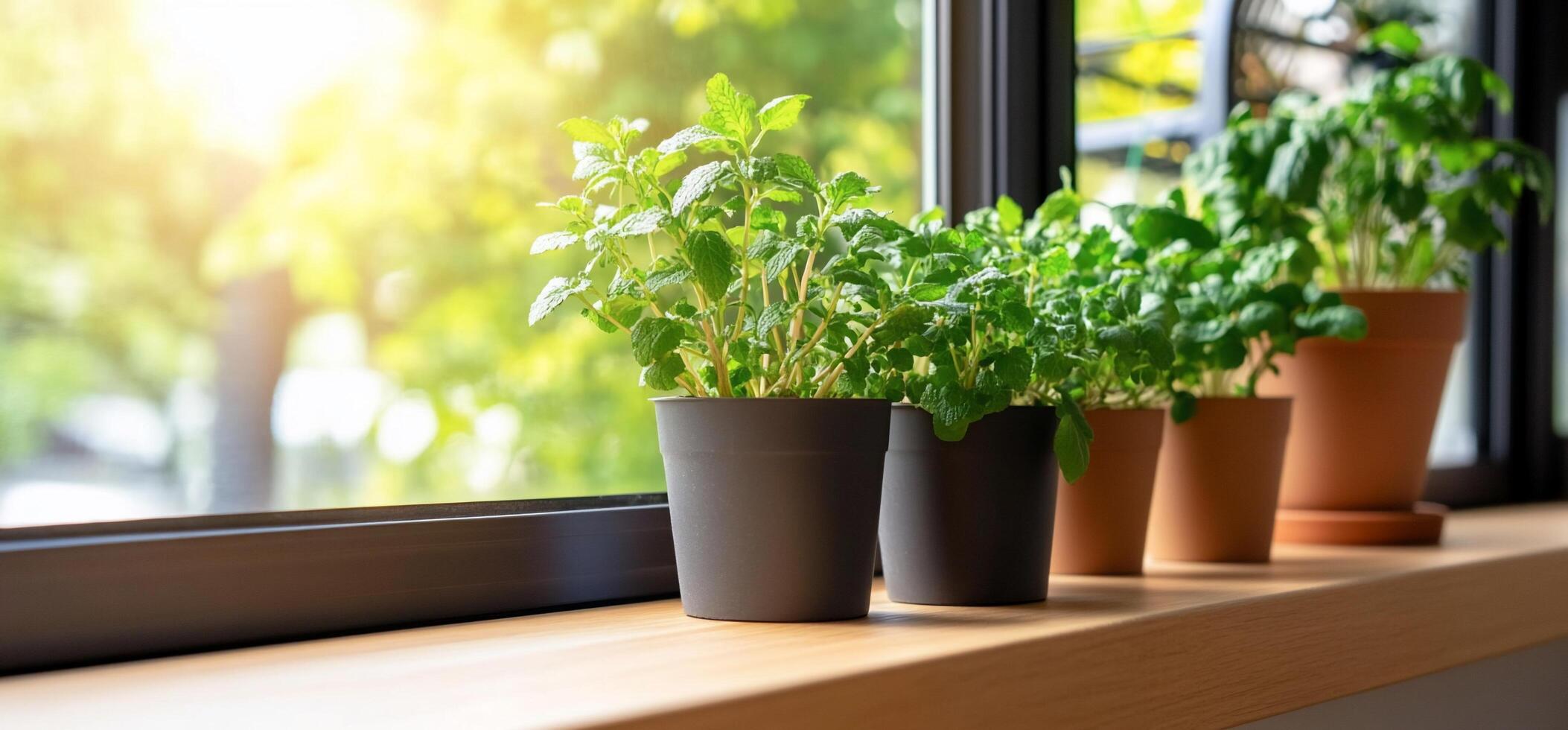 Three pots of herbs are on a window sill photo