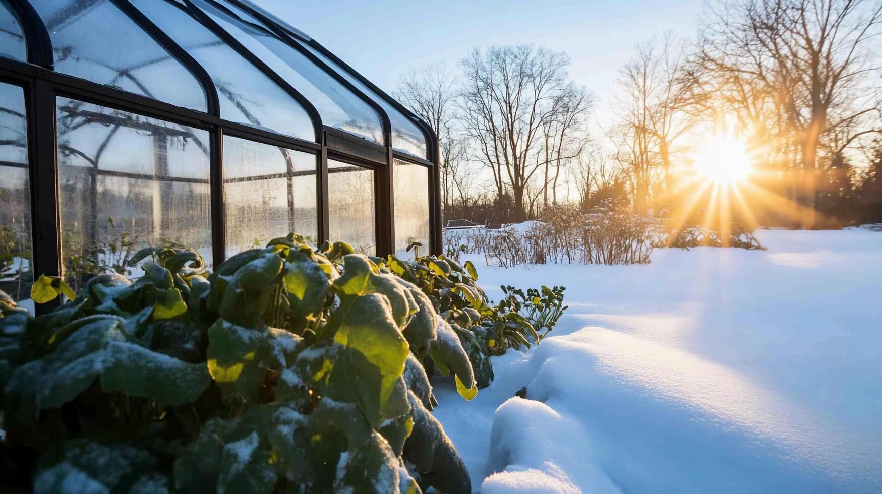 The sun shines through a greenhouse in the snow photo