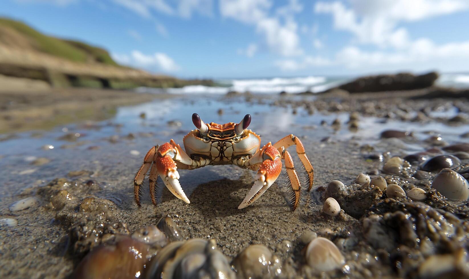 A crab walking on the beach with shells and rocks photo