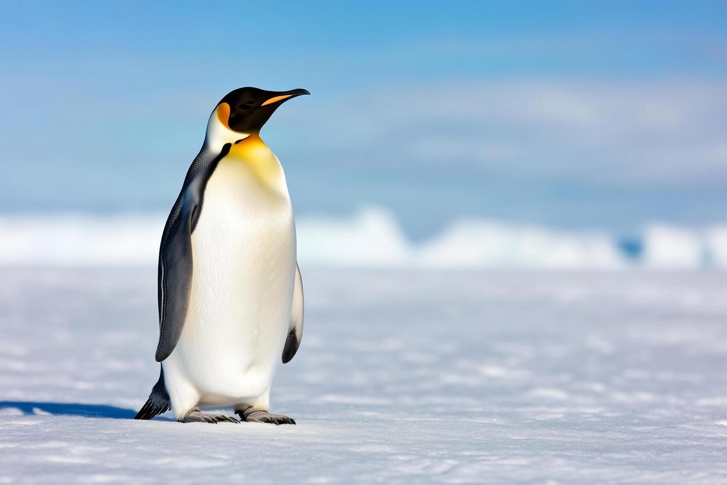 A penguin standing on the snow with blue sky in the background photo