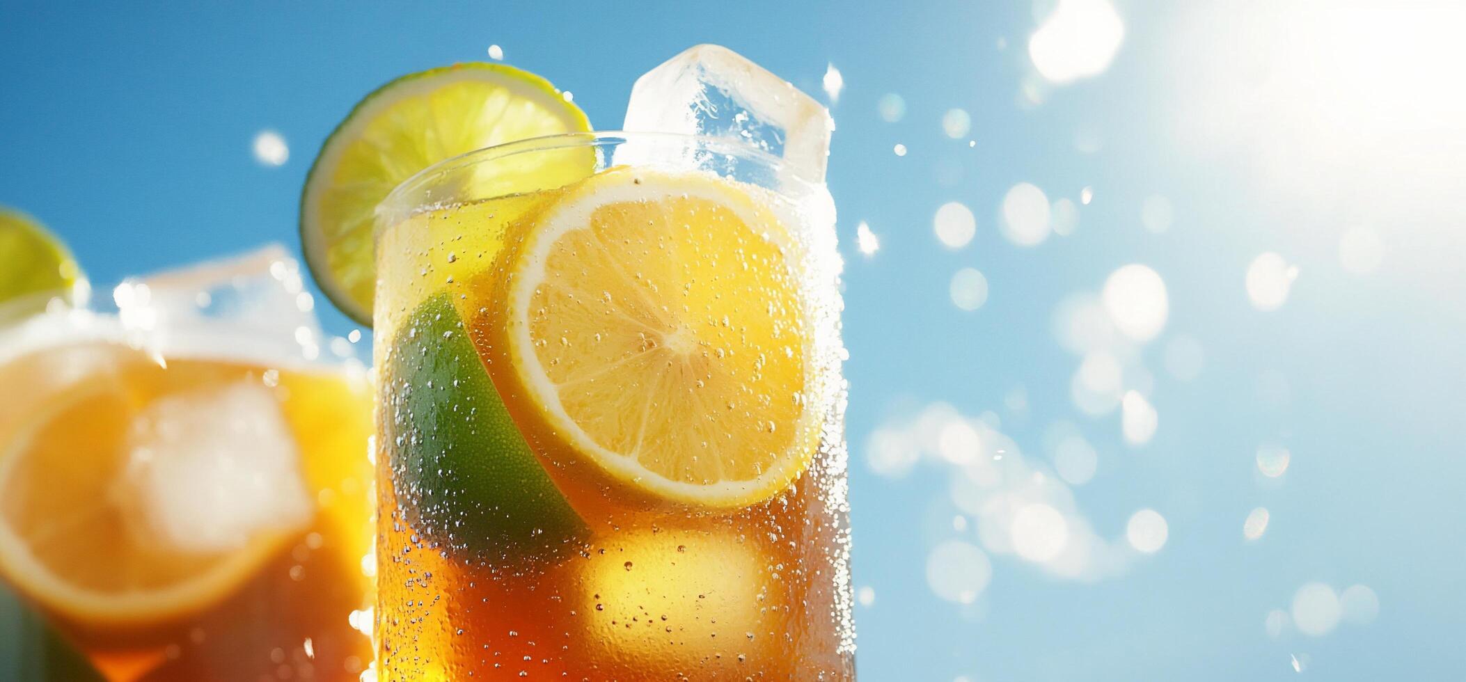 Two glasses of lemonade with ice and lime slices photo