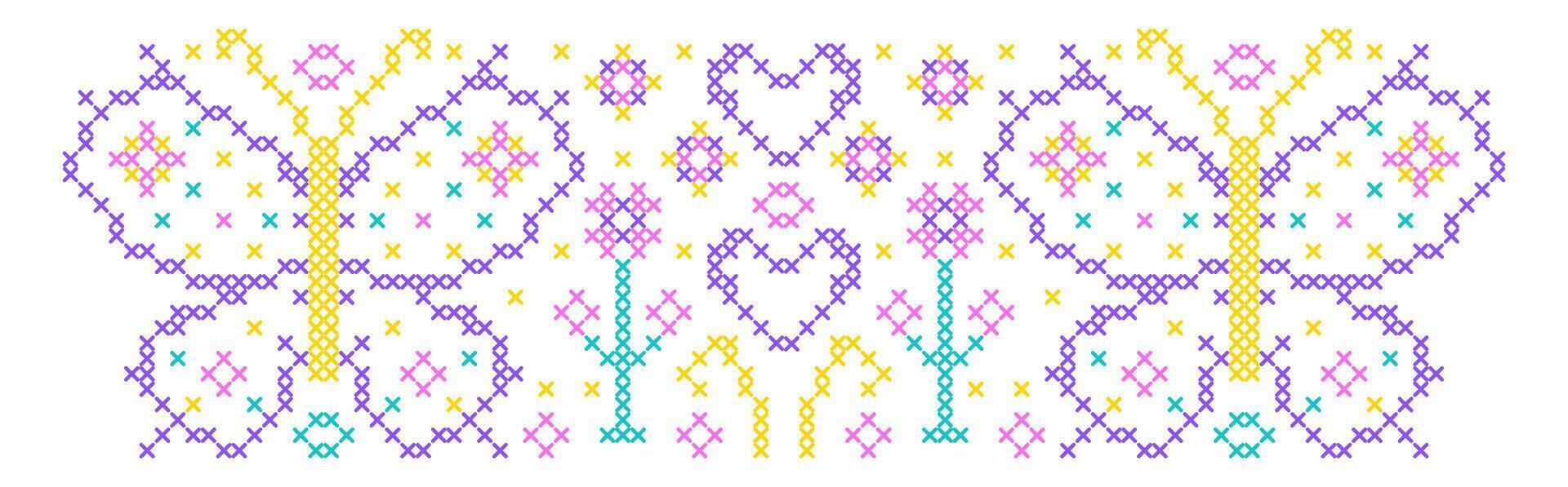 Pattern in cross stitch style with flowers, butterflies and hearts. vector