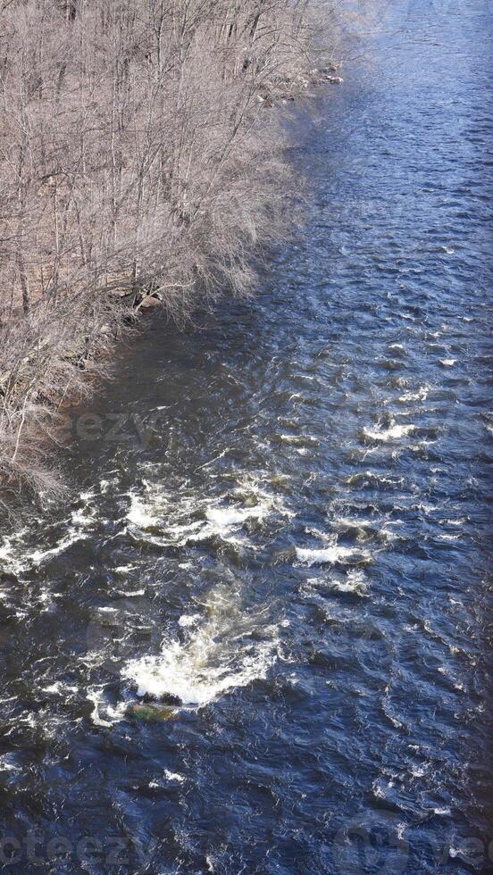 The forest landscape with one river running in the valley in winter photo