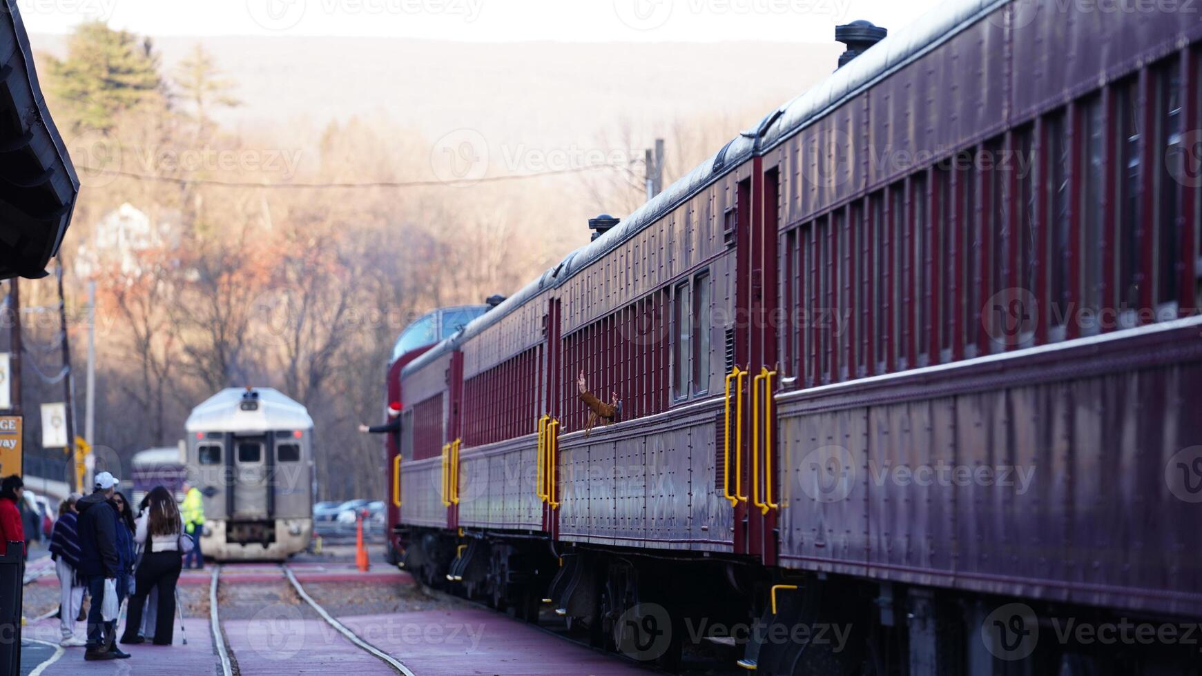 The railway station view with the wagons stopping on the iron tracks photo