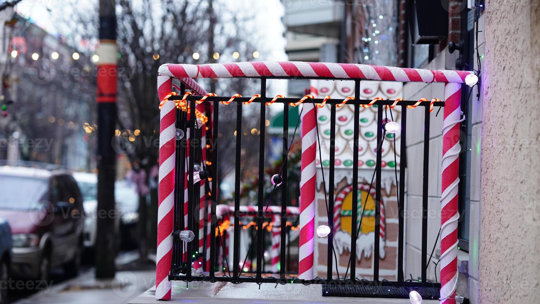 The street view with the christmas decoration along the doors and windows during the christmas days photo