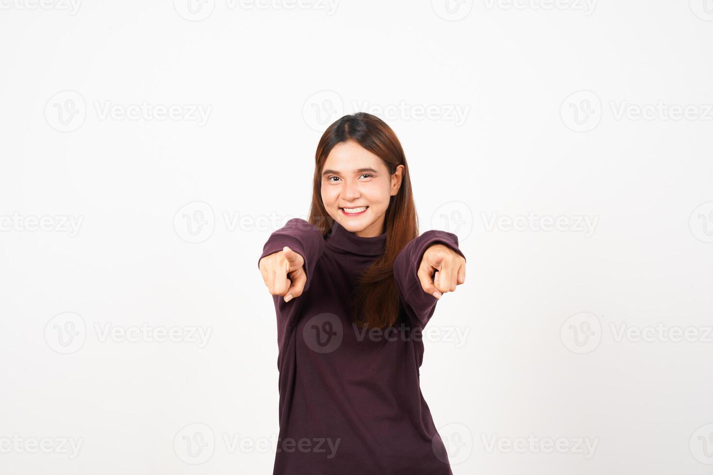 Smiling pointing at you or camera, i want you gesture Of Beautiful Asian Woman Isolated On White Background photo