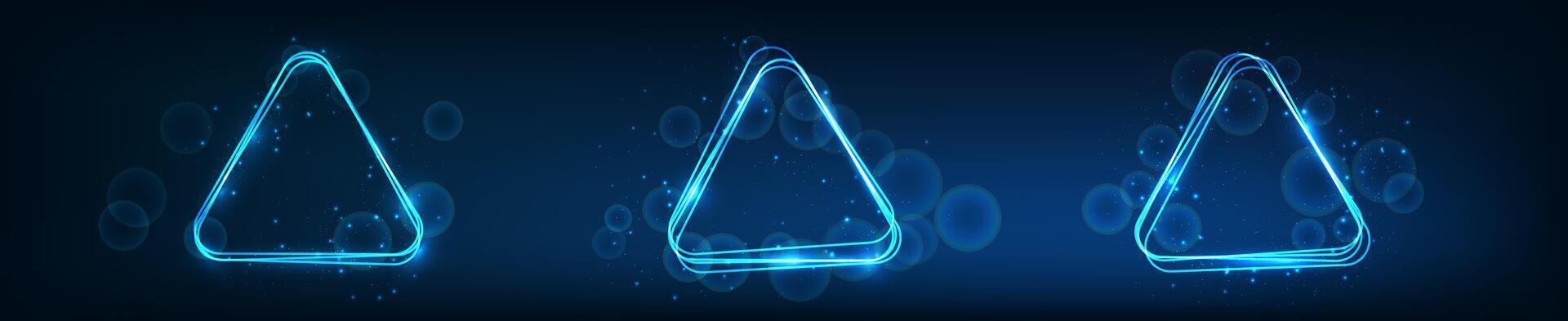Neon rounded triangle frame with shining effects and sparkles vector