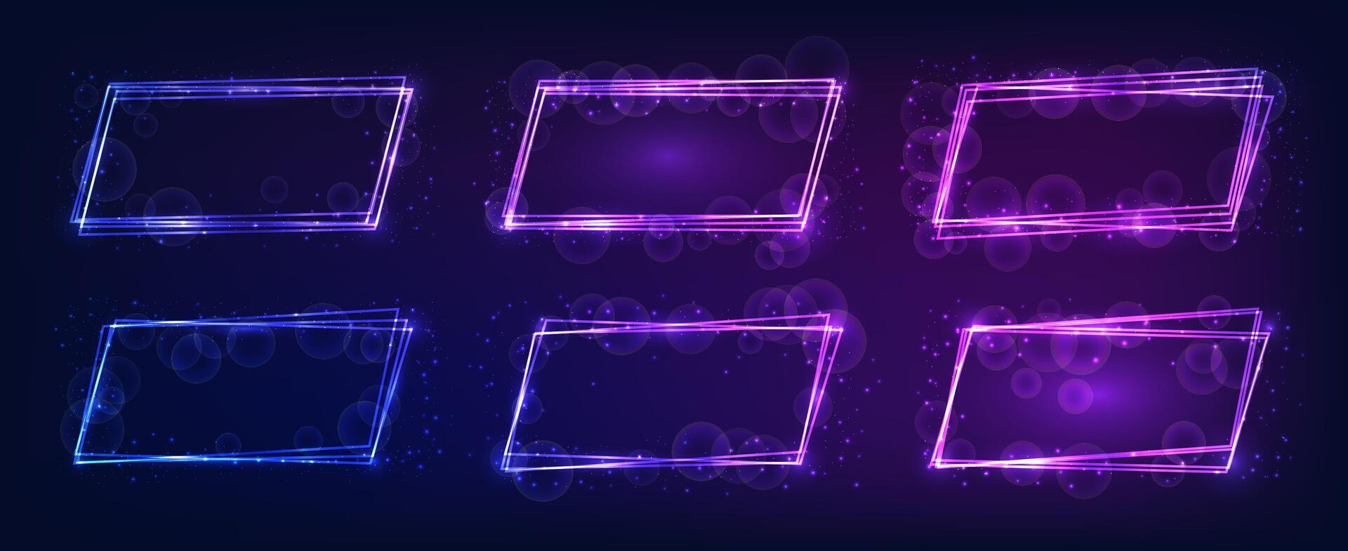 Neon rectangular frame with shining effects and sparkles vector