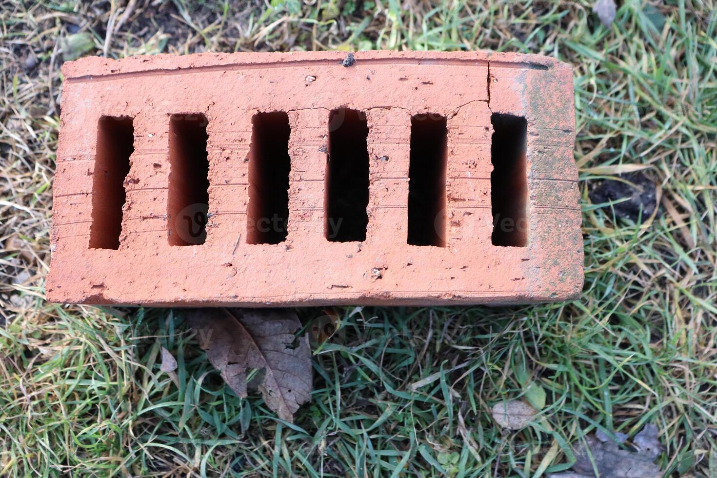 A Hollow Clay Brick resting on lush Green Grass, showcasing its rustic charm and texture photo