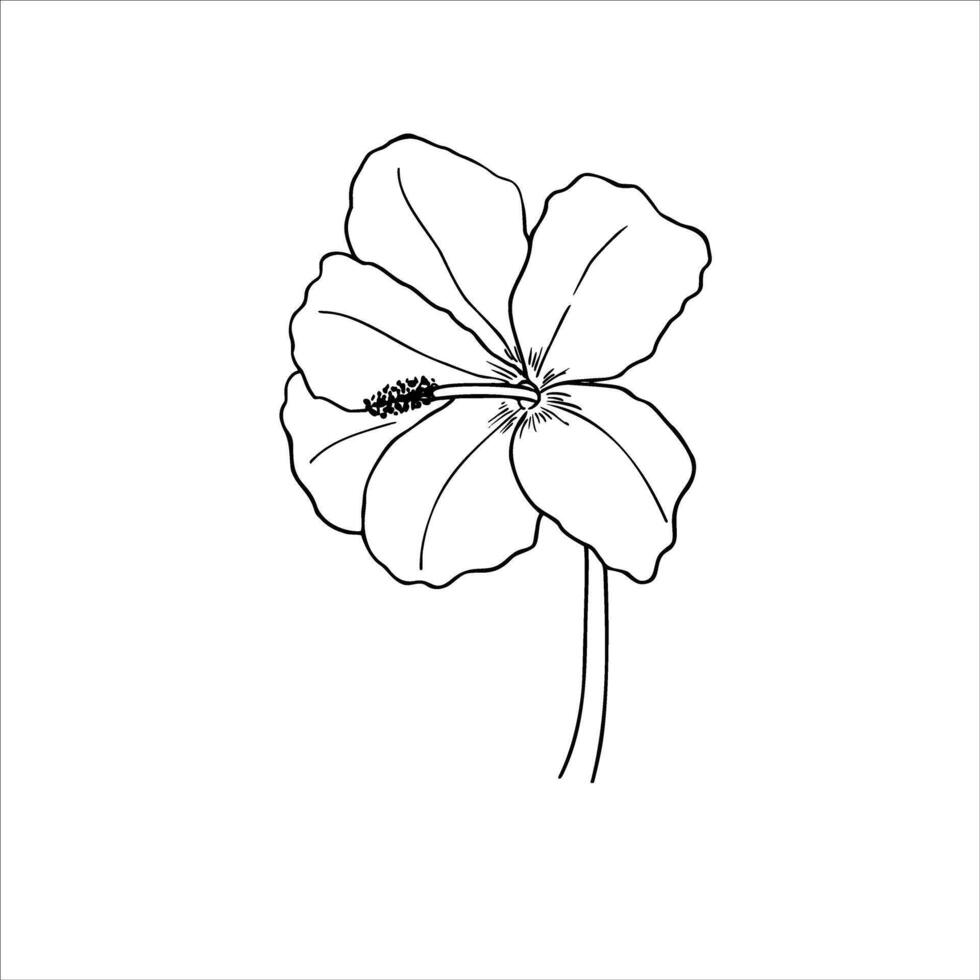 Tropical blooming hibiscus silhouette isolated illustration. Flower on stem monochrome line drawing. Floral element for greeting cards , invitations, tattoo, textile design vector