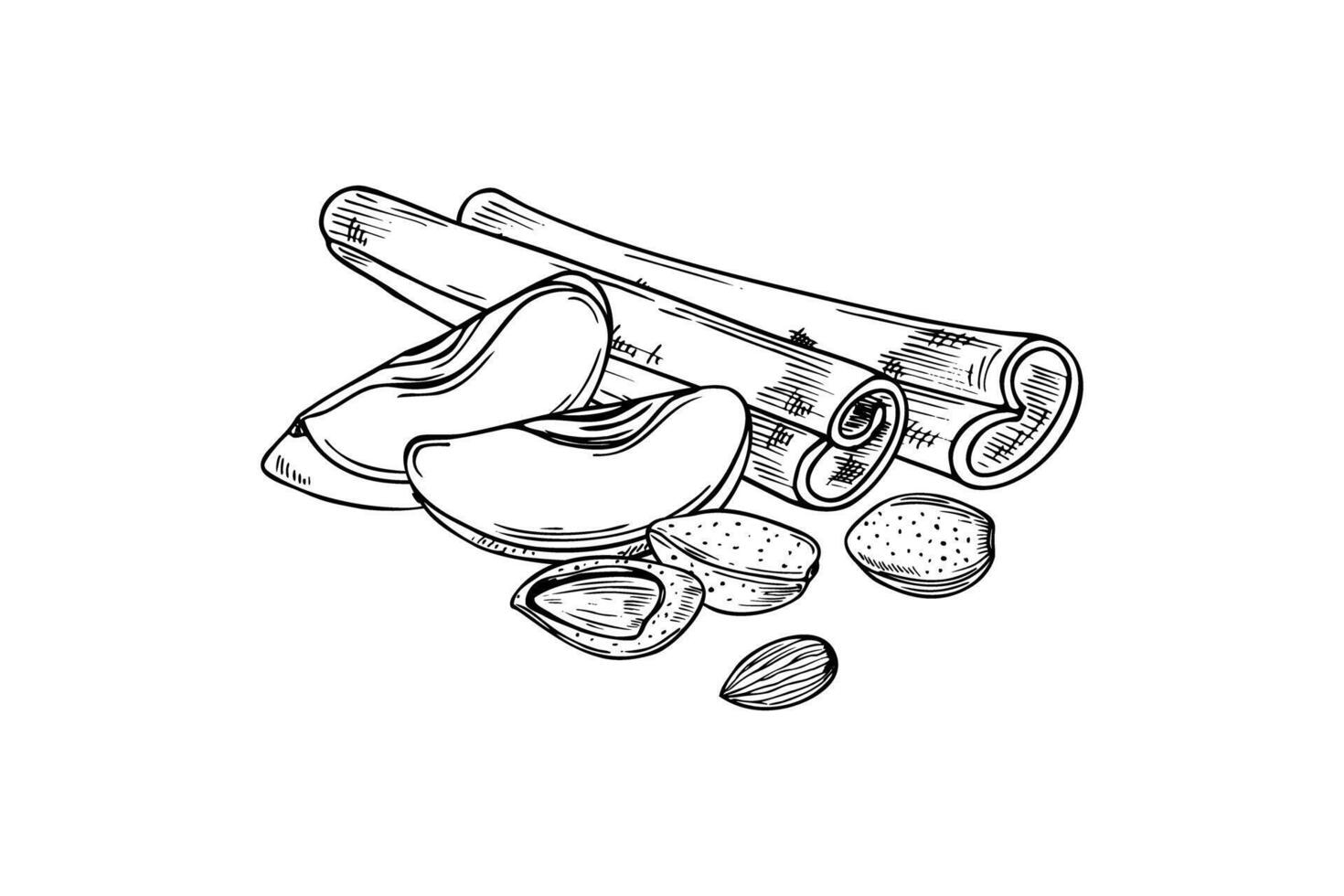 Almond, apple slice and cinnamon sticks heap isolated illustration clip art in black and white colors. Aromatic seasoning with fresh fruit, nut ingredients monochrome illustration for desserts vector