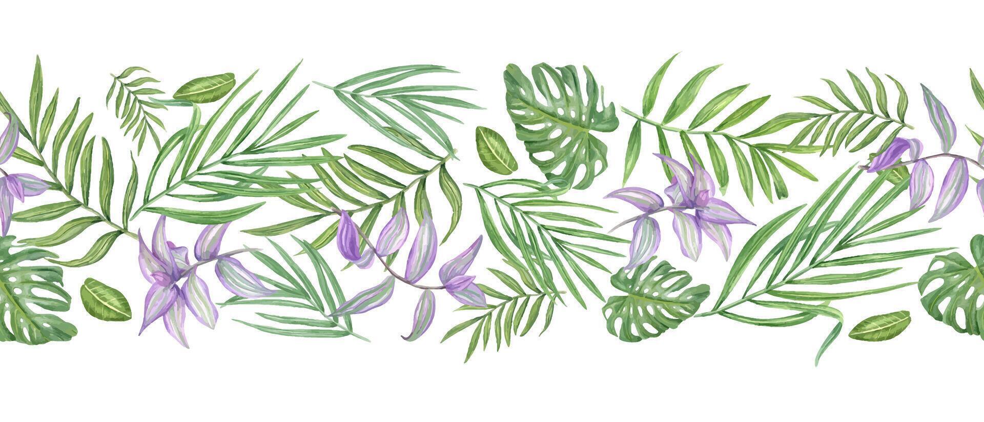 Flying tropical leaf branches watercolor horizontal seamless banner. Purple striped tradescantia, green palm, and monstera leaves pattern. Summertime illustration for textile, kitchen canvas. vector