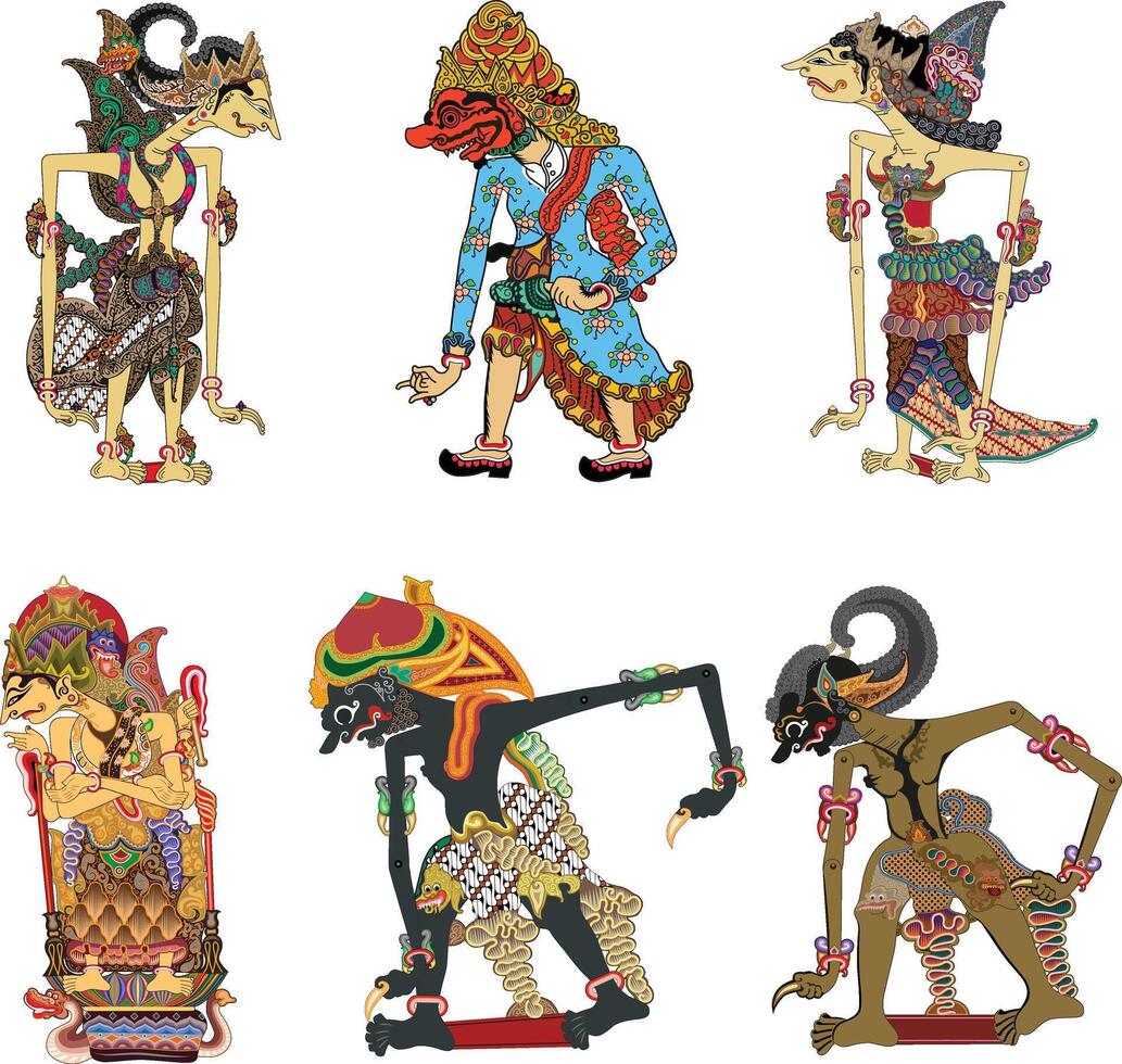 Wayang puppet collection, a set of Indonesian shadow puppets art, illustration style. vector