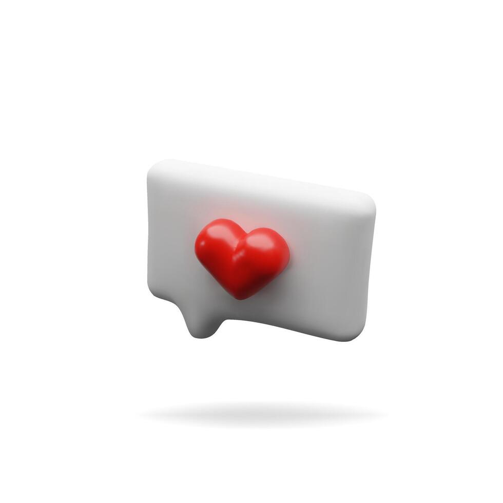 3d render love speech bubble. Romantic online communication. Three dimensional illustration message with heart shape. Chat icon of love discussion, social conversation. Media template comment vector