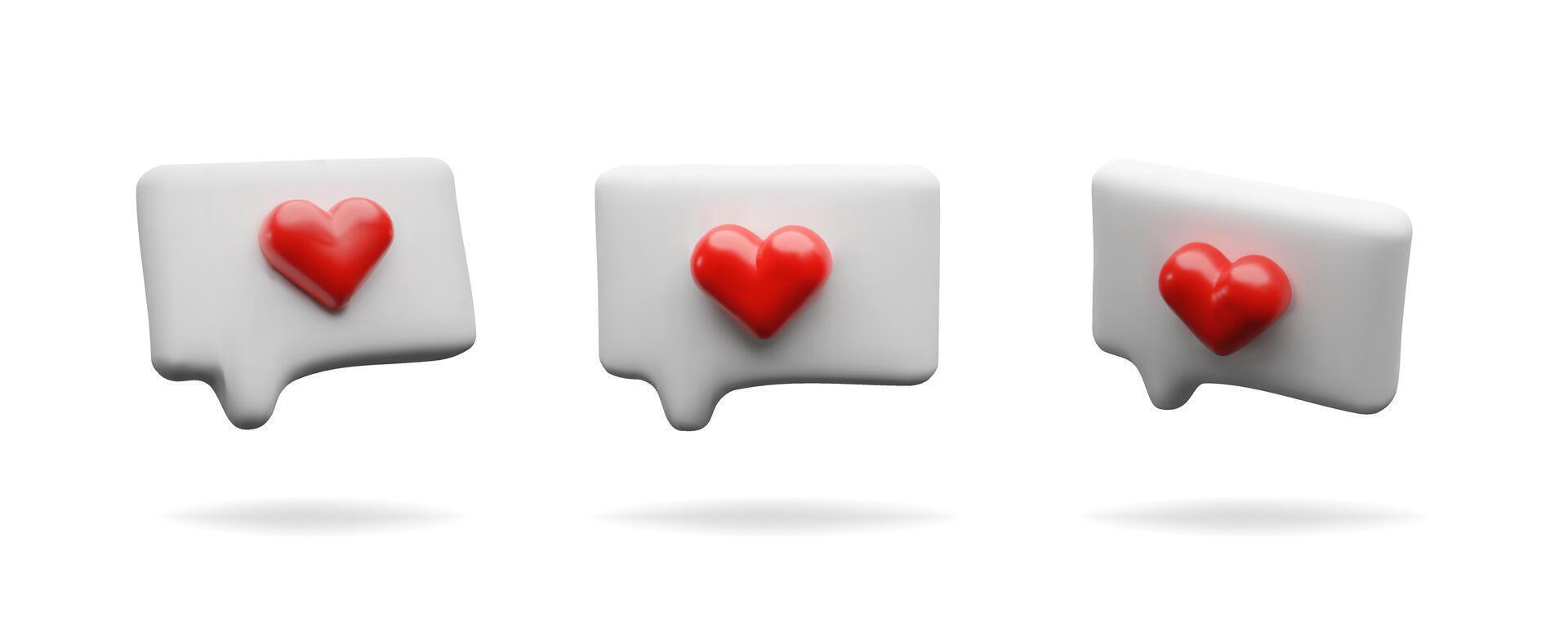 3d render set love speech bubble. Romantic online communication. Three dimensional illustration collection message with heart shape. Chat of love discussion, social conversation. Media comment vector