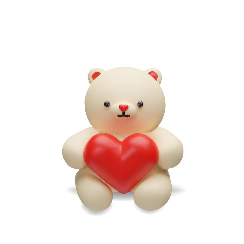 3d render teddy bear with heart. Three-dimensional soft toy for Valentines Day or anniversary. Cute romantic animal character for birthday. Present doll for children. Funny symbol for greeting. vector