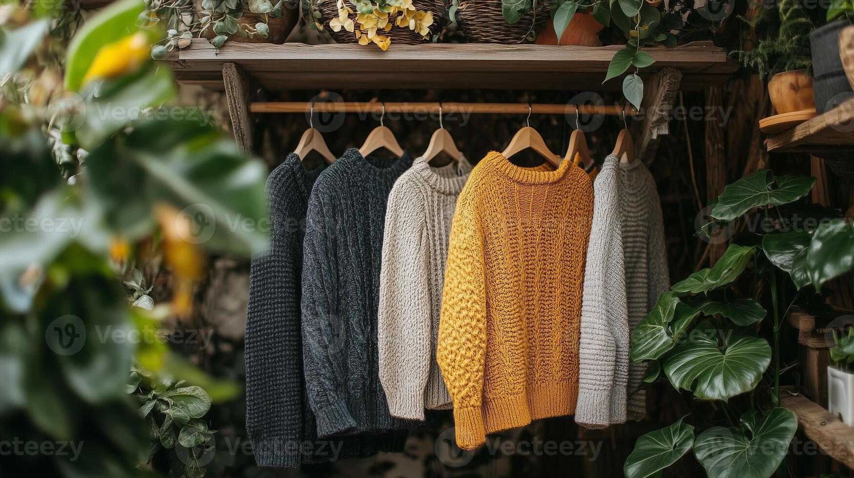 Four sweaters hanging on a rack in a room photo