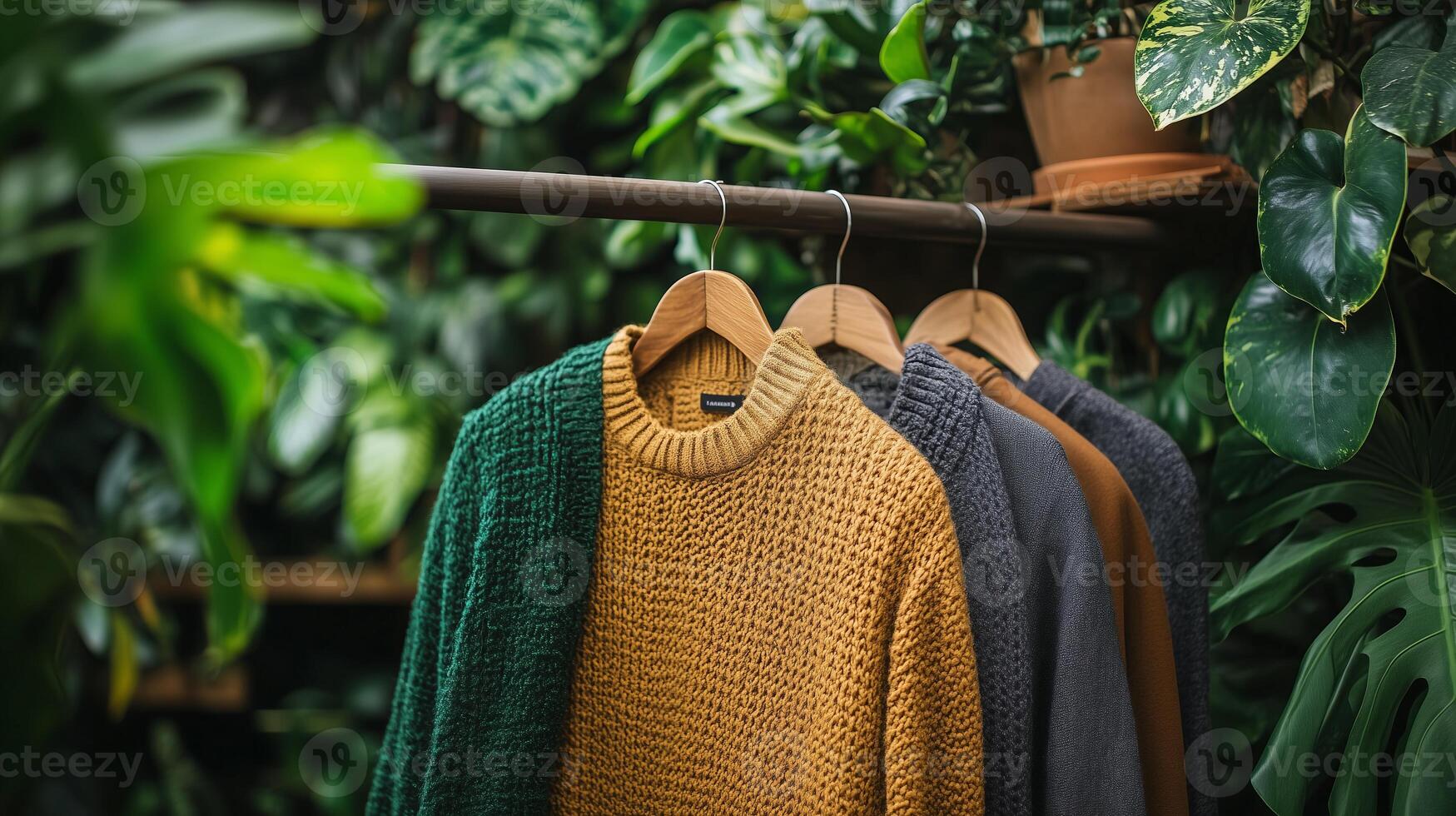 Three sweaters hanging on a rack in front of plants photo