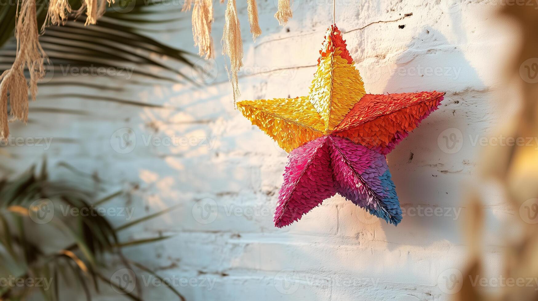 A colorful pinata star hanging on a wall photo