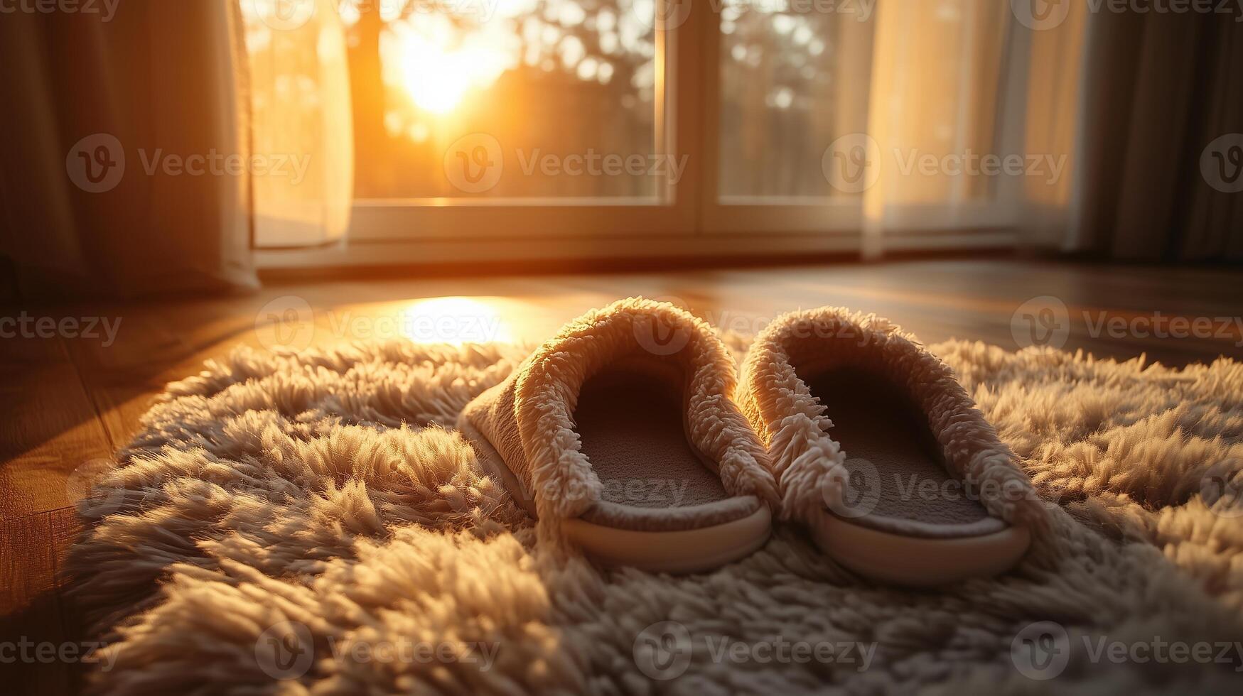 A pair of slippers on a rug in front of a window photo