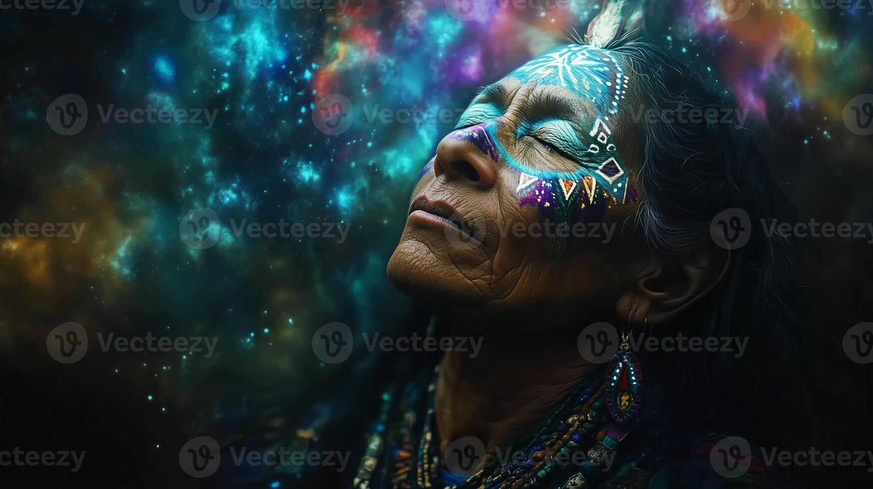 An old woman with a colorful face paint and a starry background photo