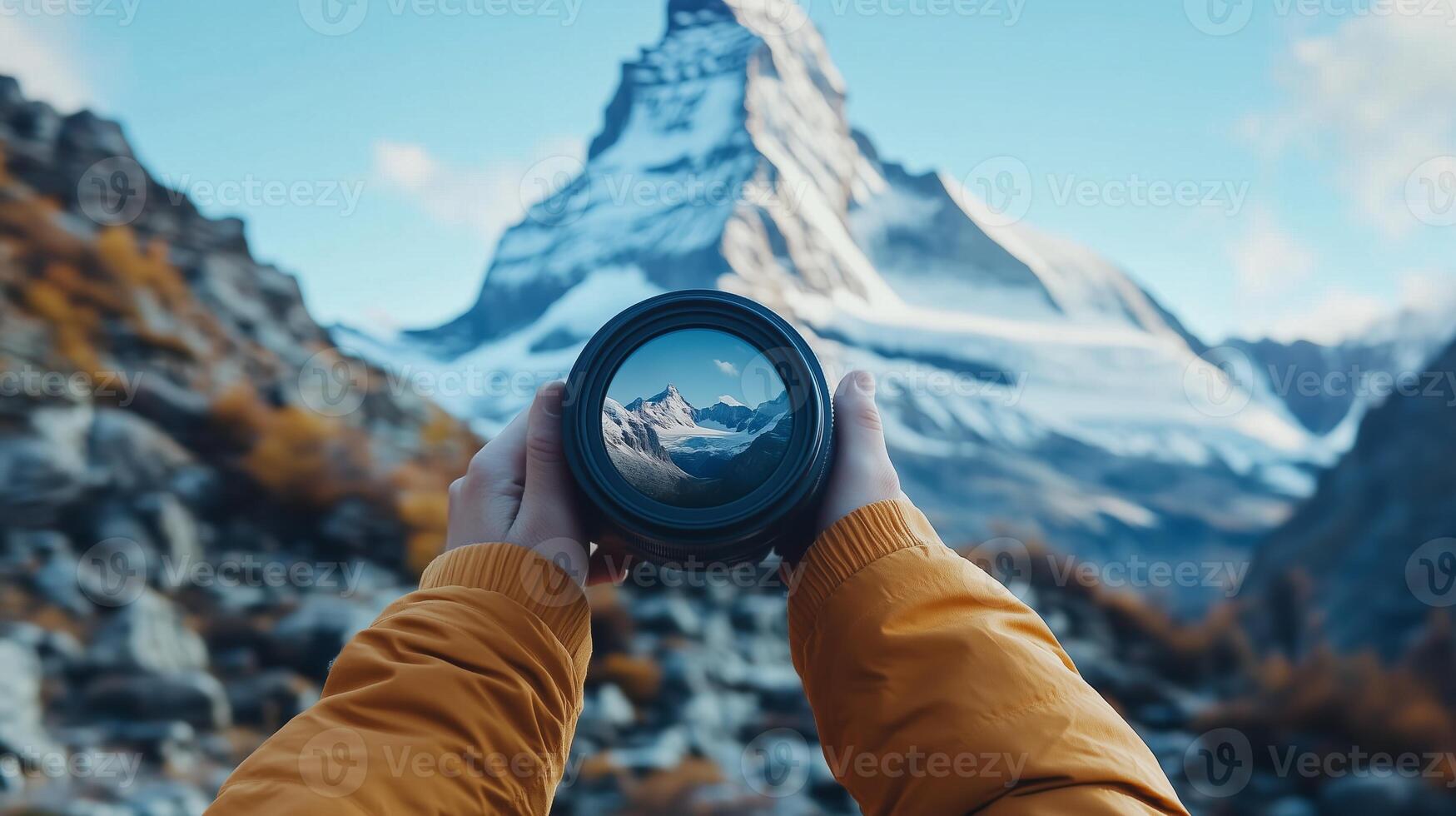 A person holding up a camera with a mountain in the background photo
