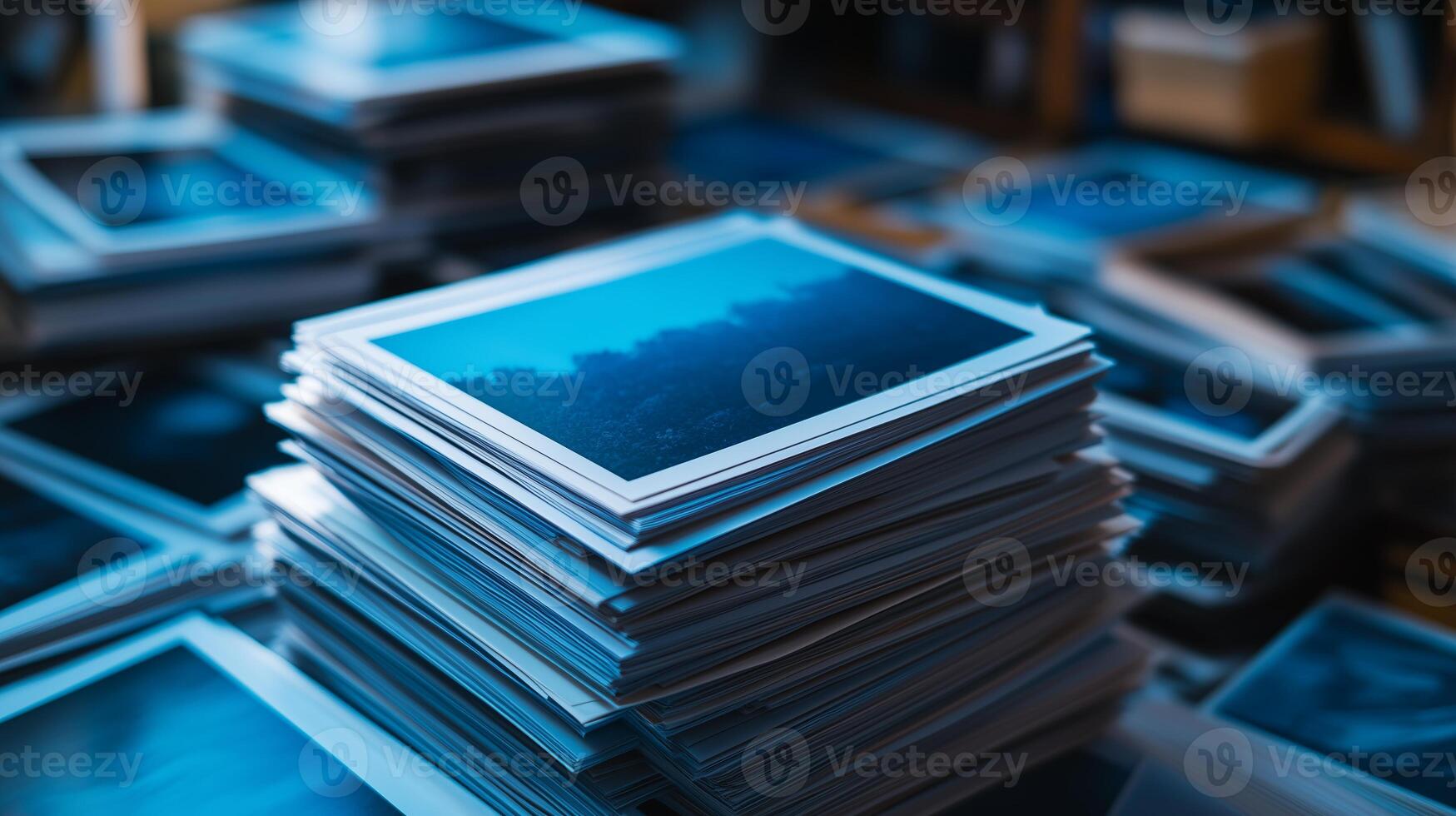 Stack of photos on a table with blue sky