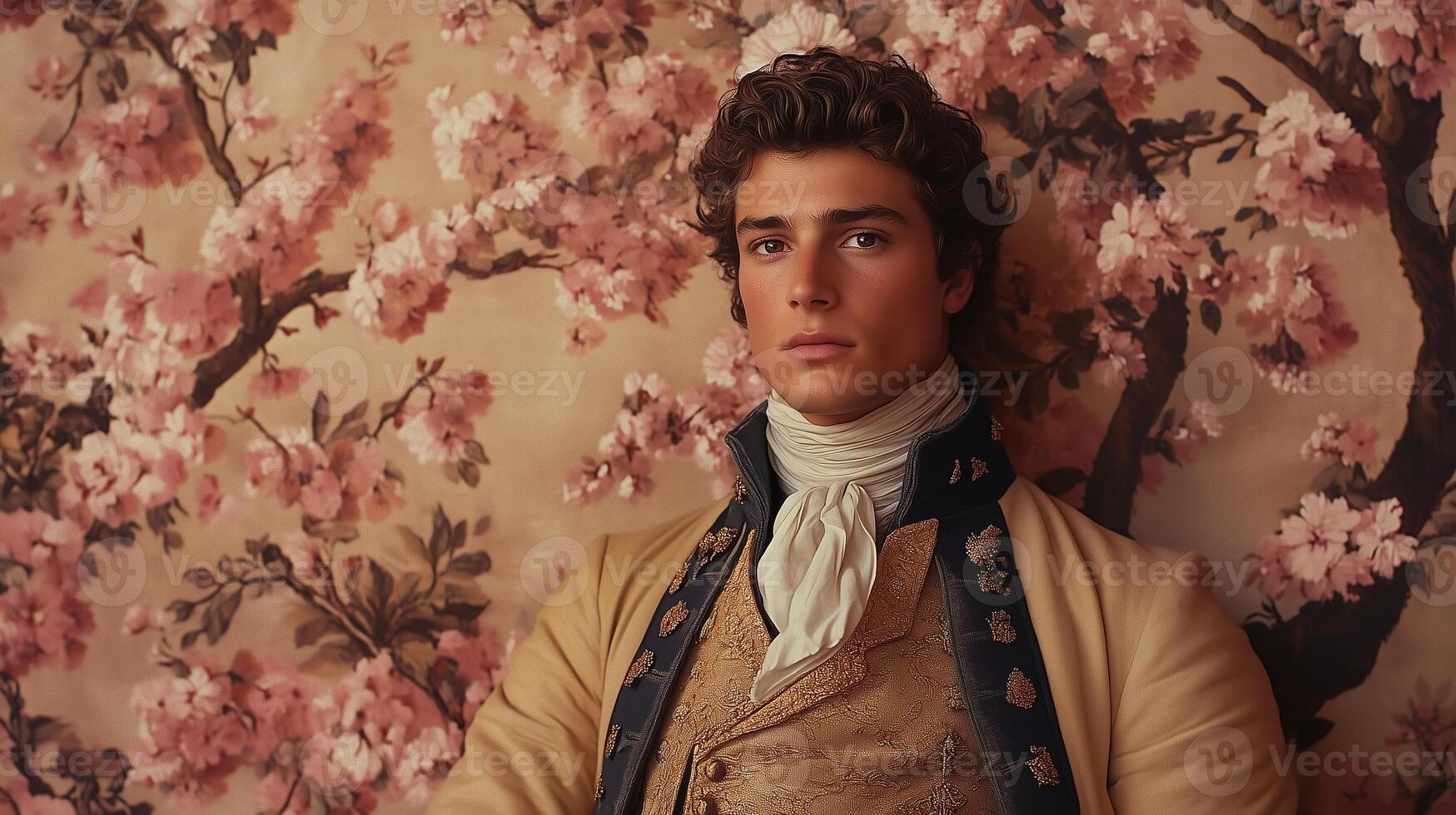 A man in an old style outfit is leaning against a wall photo