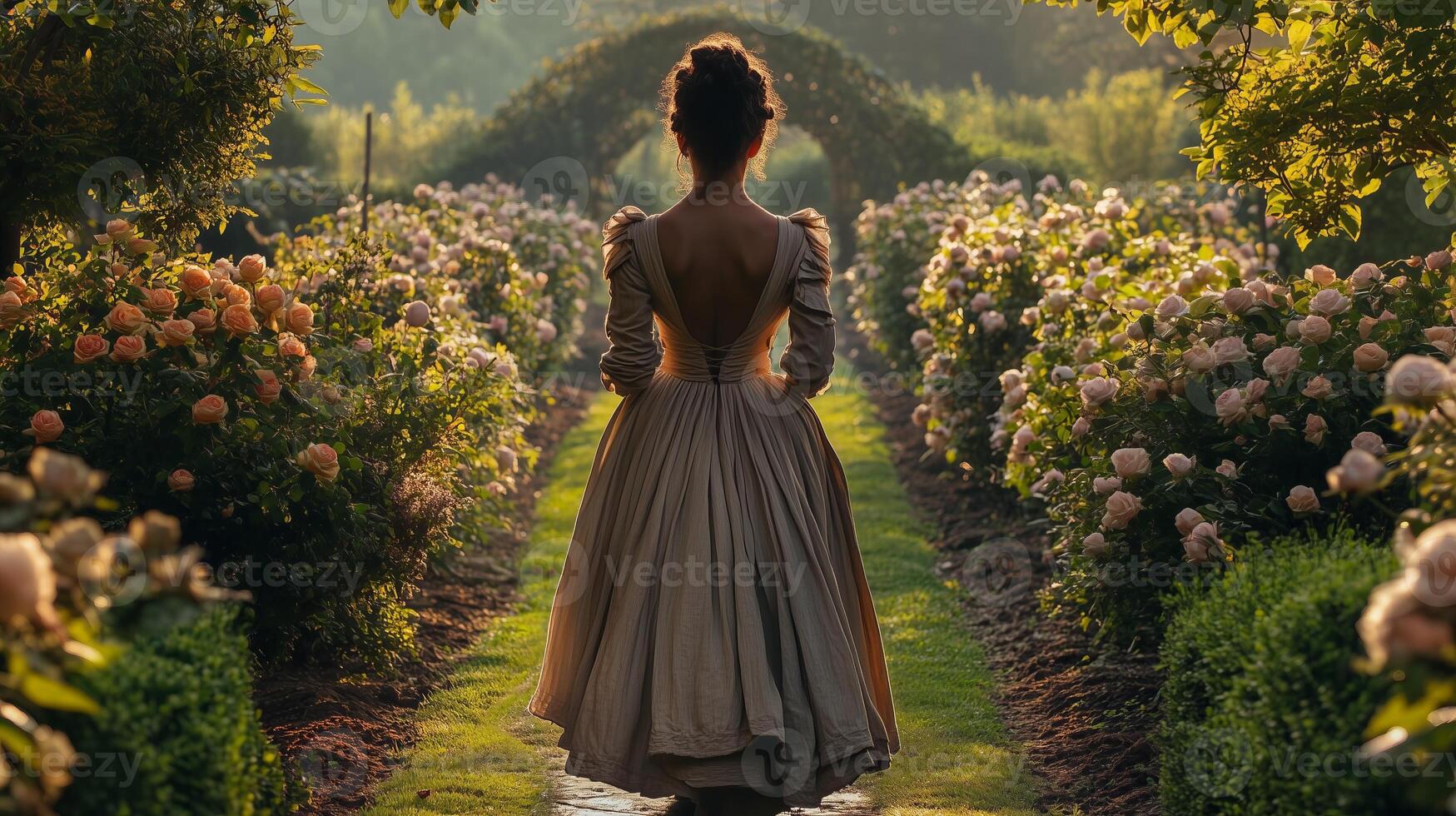 A woman in a long dress walks through a garden photo