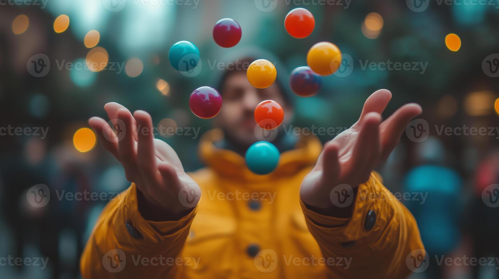 A man is juggling colorful balls in front of him photo