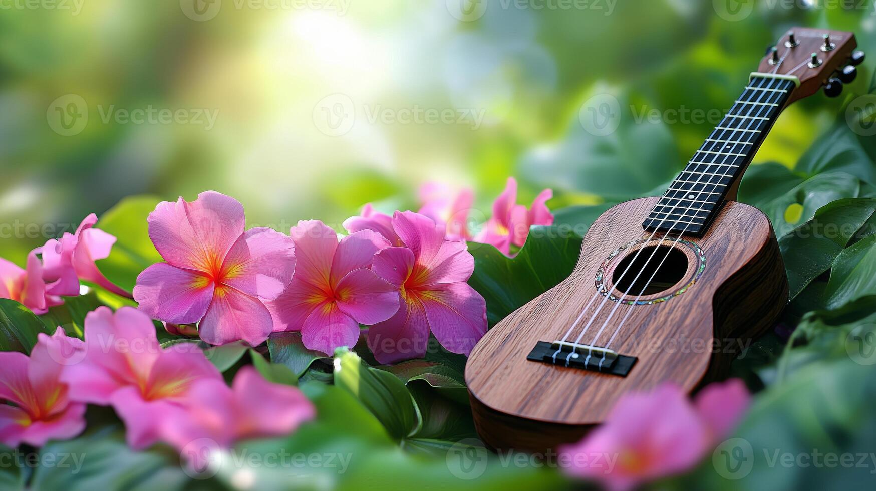 Vibrant ukulele playing in tropical setting with flowers photo