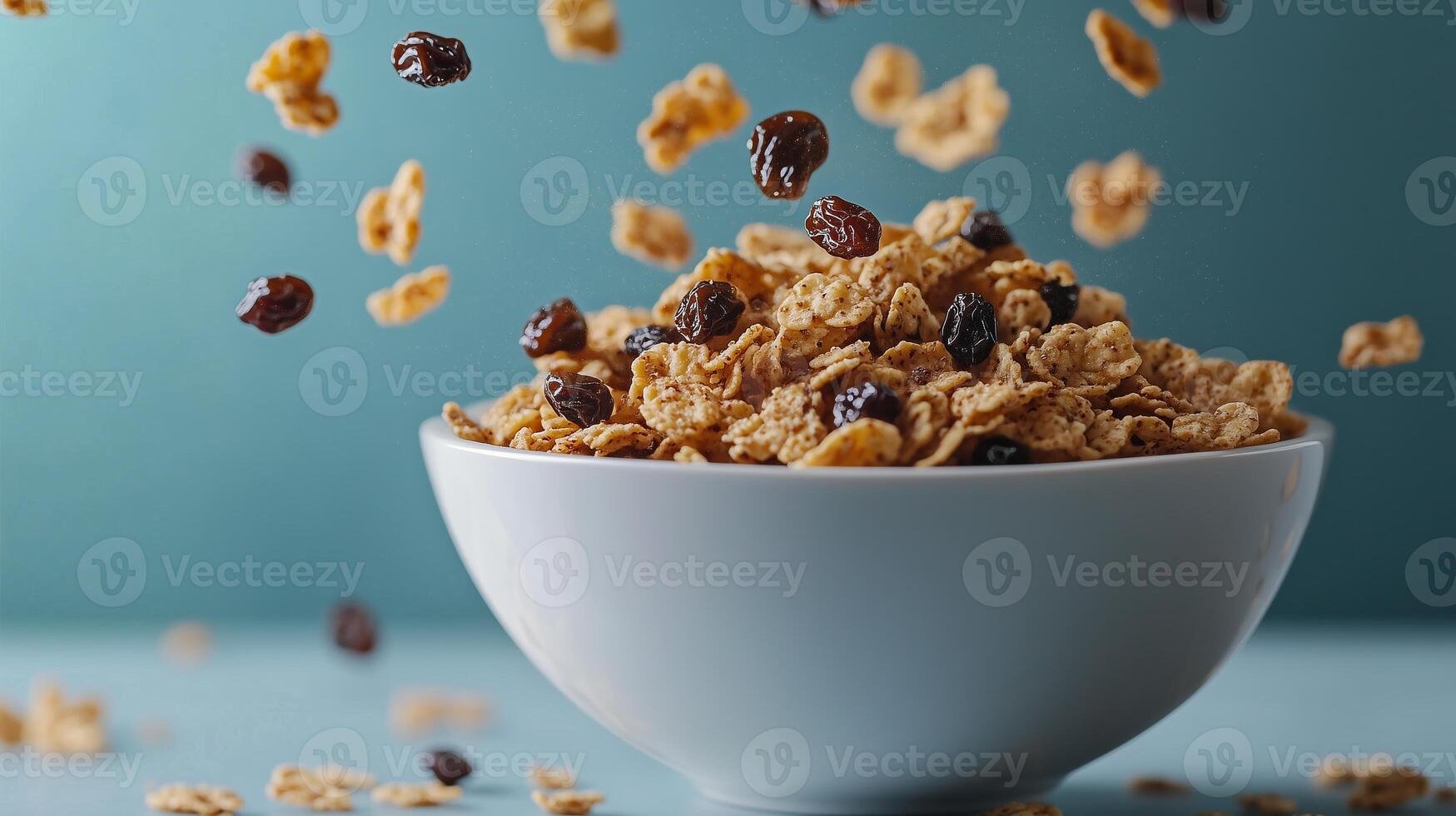 White bowl of bran flakes with raisins falling into it photo