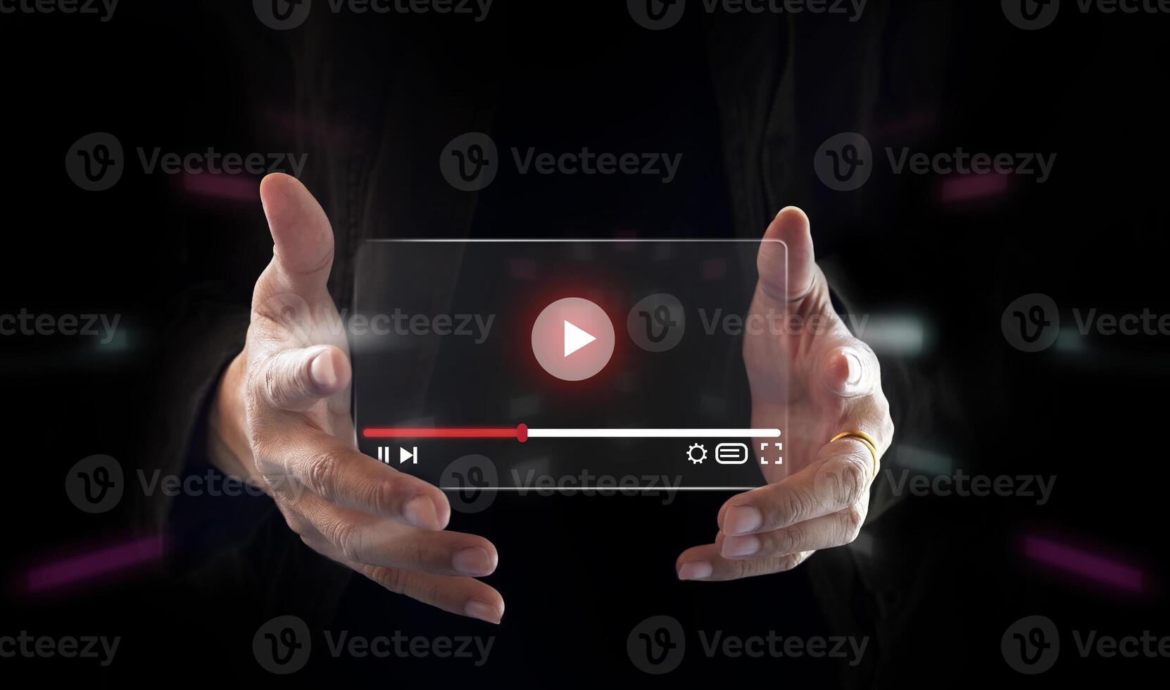 Live marketing concept. Businessman hand holding transparent screen and tuching on start button to run clip. photo
