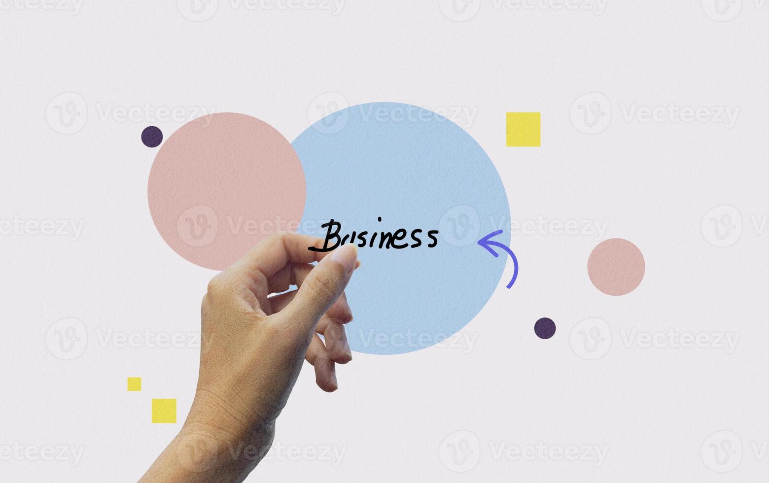 Hand holding word business on circle background. Art collage digital pop modern art photo