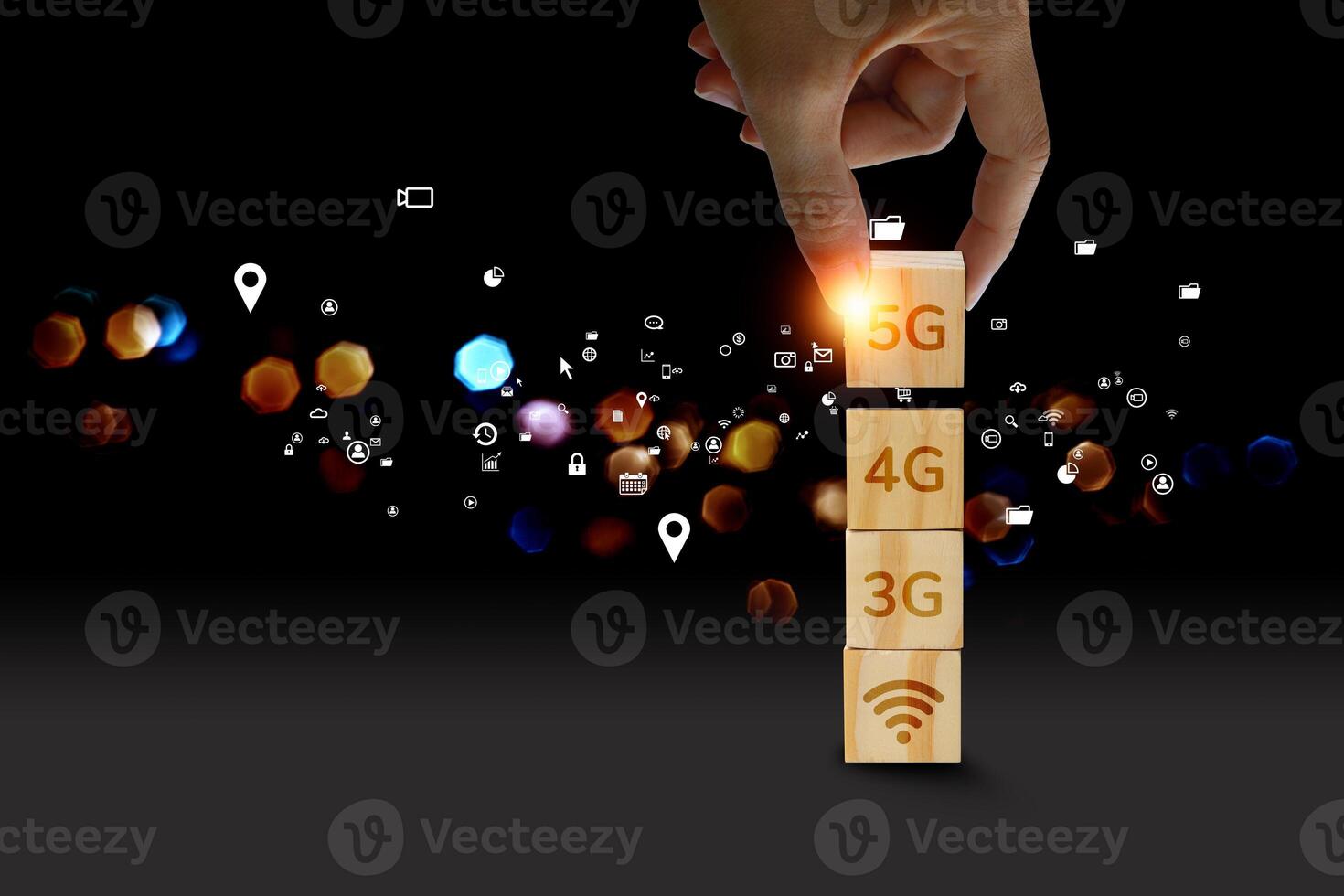 5g technology concept with hand holding 5g blocks photo
